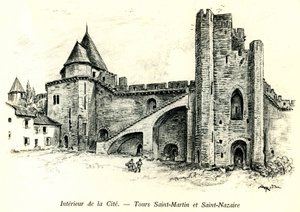 Medieval Cite de Carcassonne - Tours Saint Martin and Saint Nazaire with houses built against the ramparts - romantic engraving by Albert Robida in a book published at the beginning of the 20th century