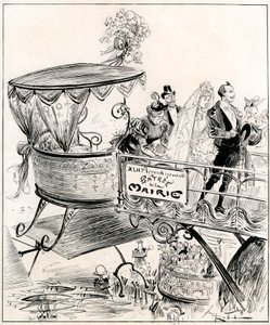 Wedding of the future: a couple arrive in a gondola and enter the aerial entrance to the town hall in the 42nd arrondissement of Paris by Albert Robida