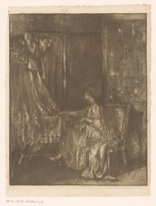 Woman Sitting on a Chair Next to a Cradle by Albert Roelofs
