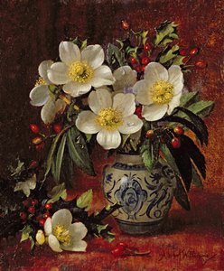 Still Life of Christmas Roses and Holly by Albert Williams