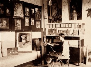 The artist Guglielmo Ghini in his studio, Ponte a Vingone, Scandicci, Florence, 09/1920
