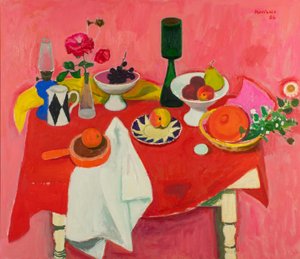 Still Life on Red Cloth by Alberto Morrocco