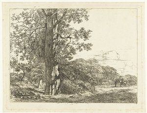 Landscape with Large Beech Tree and Rider Talking to Man by Albertus Brondgeest