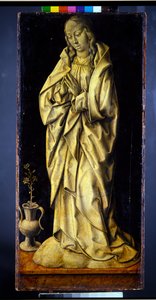 Formerly the Wings of a Triptych, a Pair, Female Figures Personifying Wisdom and Generosity, with the Annunciation by Albrecht Bouts
