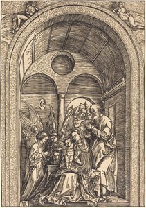 The Holy Family with Two Angels in a Vaulted Hall by Albrecht Dürer
