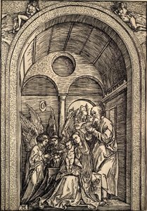 The Holy Family with Two Angels in a Vaulted Hall by Albrecht Dürer