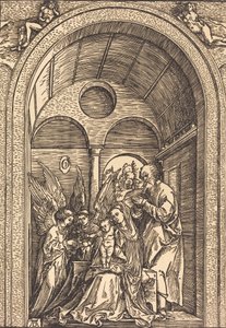 The Holy Family with Two Angels in a Vaulted Hall