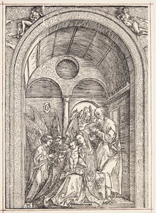 The Holy Family with Two Angels in a Vaulted Hall by Albrecht Dürer