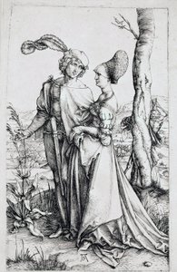 A couple walking, watched by Death hidden behind a tree, holding an hourglass. Engraving by Albrecht Durer (1496-1498). Berlin, engraving cabinet by Albrecht Dürer
