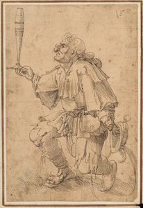A grotesque man kneeling, holding a tall beer glass at its base by Albrecht Dürer