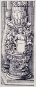 The Triumphal Arch of Emperor Maximilian I of Germany: detail of central Gates of Honour and Power, left-hand column base embellished with bands of foliage and winged female griffins by Albrecht Dürer
