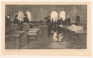 Interior of the Fish Market at the Nieuwmarkt in Amsterdam by Albrecht Felix Reicher (signed by artist)