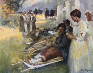 First Aid: Wounded Soldier and His Nurse at a Dressing Station During World War I in France