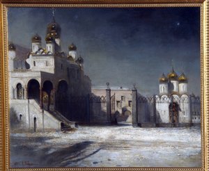 The Cathedral Square in The Moscow Kremlin at Night by Alexei Kondratjewitsch Sawrassow