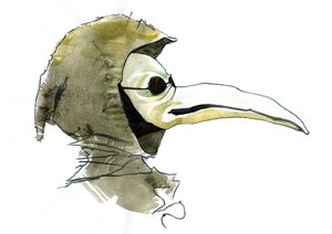 A plague doctor wearing a beak-like mask