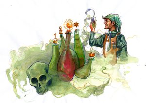 Alchemist in His Laboratory Surrounded by Vials and Stills by Alessandro Lonati