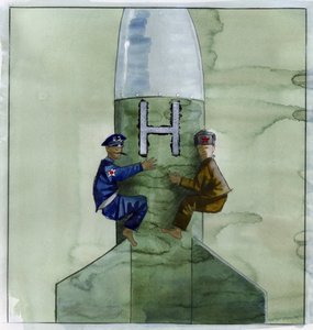 Cold War: An American and a Soviet Officer Clinging to a Nuclear Missile