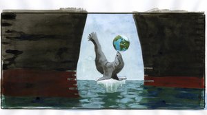 Ecology and Climate Warming: Melting Ice, a Seal Playing with the Planet on Its Snout, Rests on the Last Little Tip of Iceberg; Around It the Hulls of Oil Tankers Threaten It - Allegory Representing the Planet in Equilibrium
