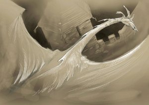 Fantastic Creature: a dragon flying over a castle tower
