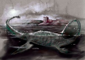 Fantastic monsters and creatures, cryptozoology: representation of Nessie, the Loch Ness monster in Scotland by Alessandro Lonati