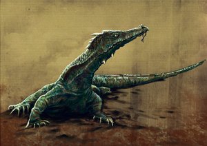 Fantastic monsters and creatures, cryptozoology: representation of a buru, a large lizard seen in northeast India