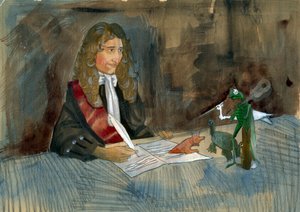 French writer Jean de la Fontaine looking at his characters of his fables by Alessandro Lonati