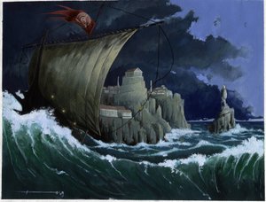 Illustration of the myth of the island disappeared under the Atlantis Sea: view of the Greek city of the legendary island before its disappearance