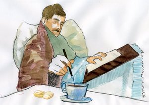 Marcel Proust as a sick man writing with the tea of his aunt Elisabeth