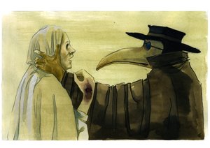 Plague doctor wearing a beak-like mask which was filled with aromatic items in front of a victim
