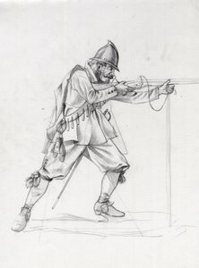 Portrait of a vessel soldier of the 17th century putting himself in a firing position