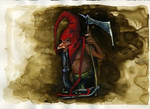 Representation of a Red Cap, legendary malevolent creature of the Goblin family from British folklore by Alessandro Lonati
