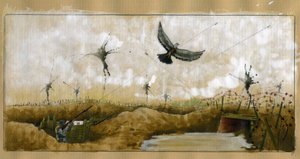 WWI: a German soldier shooting at a homing pigeon carrying a message