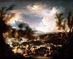 Rocky Coast in a Storm with Hermit Monks Receiving Stores