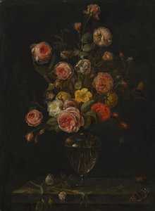 A Still Life with Red, White and Pink Roses in a Glass Vase over a Stone Ledge with Butterflies, a Grasshopper and a Beetle