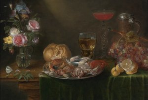 Still Life with a Vase with Flowers, a Pewter Plate with Crabs and Shrimp, Wine Glasses, a Pitcher, Grapes and a Lemon