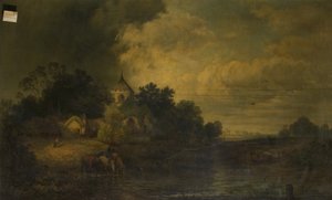 Romantic Landscape with Horses Drinking