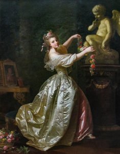 Young Woman Decorating the Statue of Love