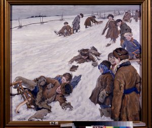 Winter Sports. Sledding scene in a snowy field, warmly dressed children having fun and laughing. Painting by Alexander Viktorovich Moravov by Alexander Viktorovich Moravov