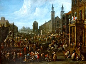 A market scene with street performers and other figures by Alexander van Bredael
