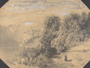 Woman with a Dog by a Mountain Lake by Alexandre Calame