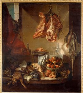 A kitchen interior still life of game, fruit and meat by Alexandre Francois Desportes