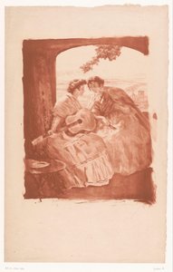 Two Spanish Women with Guitar and a Parrot by Alexandre Lunois (signed by artist)