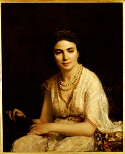 Portrait of a Woman wearing a Pearl Necklace and holding a Fan by Alexei Alexevich Harlamoff