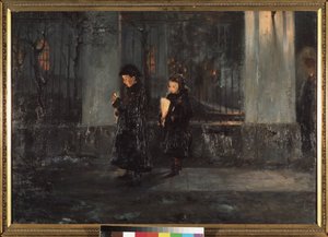 Maundy Thursday. Two little girls holding candles, heading to church for Easter celebration by Alexei Nikolayevich Ostrogradsky