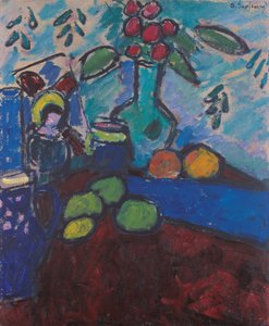Still Life with Reverse Glass Painting, Green Vase and Fruit