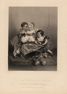 Earl of Dalkeith (William Henry), Henry John and Walter Charles Scott Douglas, son of the 5th Duke of Buccleuch, 7th Duke of Queensberry. Two sons wear tartan dresses with ribbons, with the youngest in a bonnet and satin dress. by Alfred Edward (after) Chalon