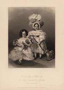 Viscount Grey de Wilton and Elizabeth Grey Egerton, children of Thomas Egerton, 2nd Earl of Wilton. Daughter in ringlets and frilly dress holding a doll, and son in dress and feather bonnet holding a ribbon tied to a toy horse. by Alfred Edward (after) Chalon
