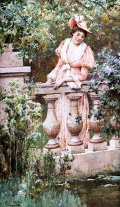 Leisure Moments. An elegant woman looks at a basin leaning against a balustrade. Painting by Alfred Augustus I Glendening. Private collection by Alfred Augustus Glendening