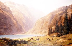 A Mountainous Lake Landscape with Cattle