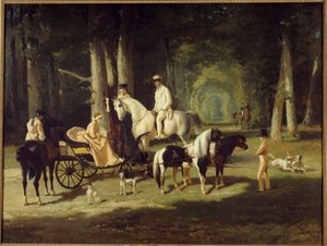 Mr. and Mrs. A. Mosselman and Their Two Daughters Walk Through the Woods on Horseback by Alfred Dedreux